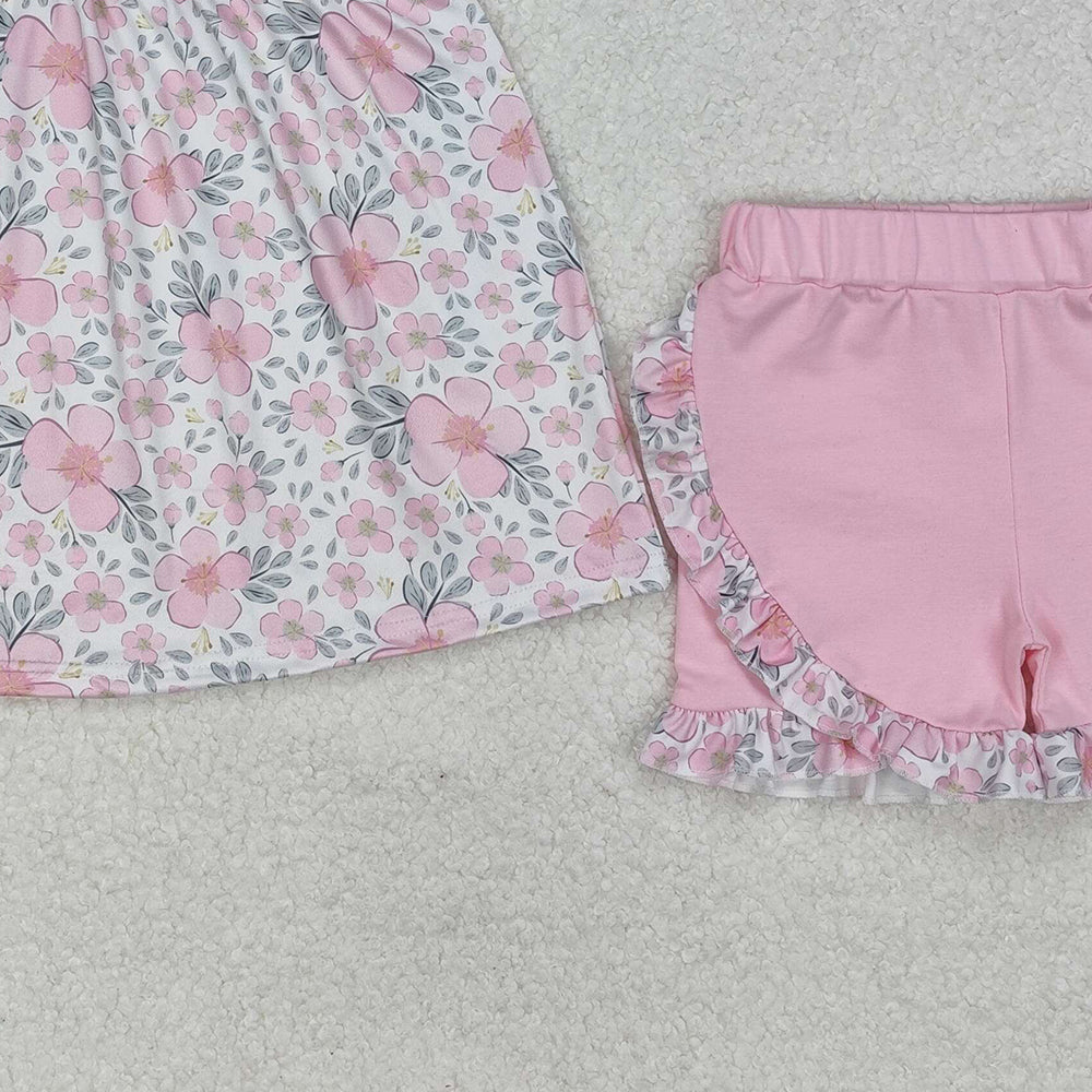 GSSO2194Girls Outfit Short Sleeve Pink Floral Tunic Top with Ruffle Shorts Set Cute Children's Clothing for Ages 5-12