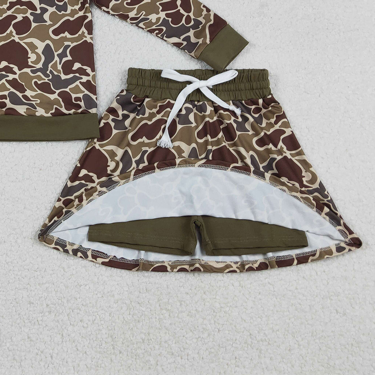 12.23 RTS NO MOQ （In stock）GLD1479 Baby Girls Brown Camo Long Sleeve Skirts Shorts Hunting Clothes Sets