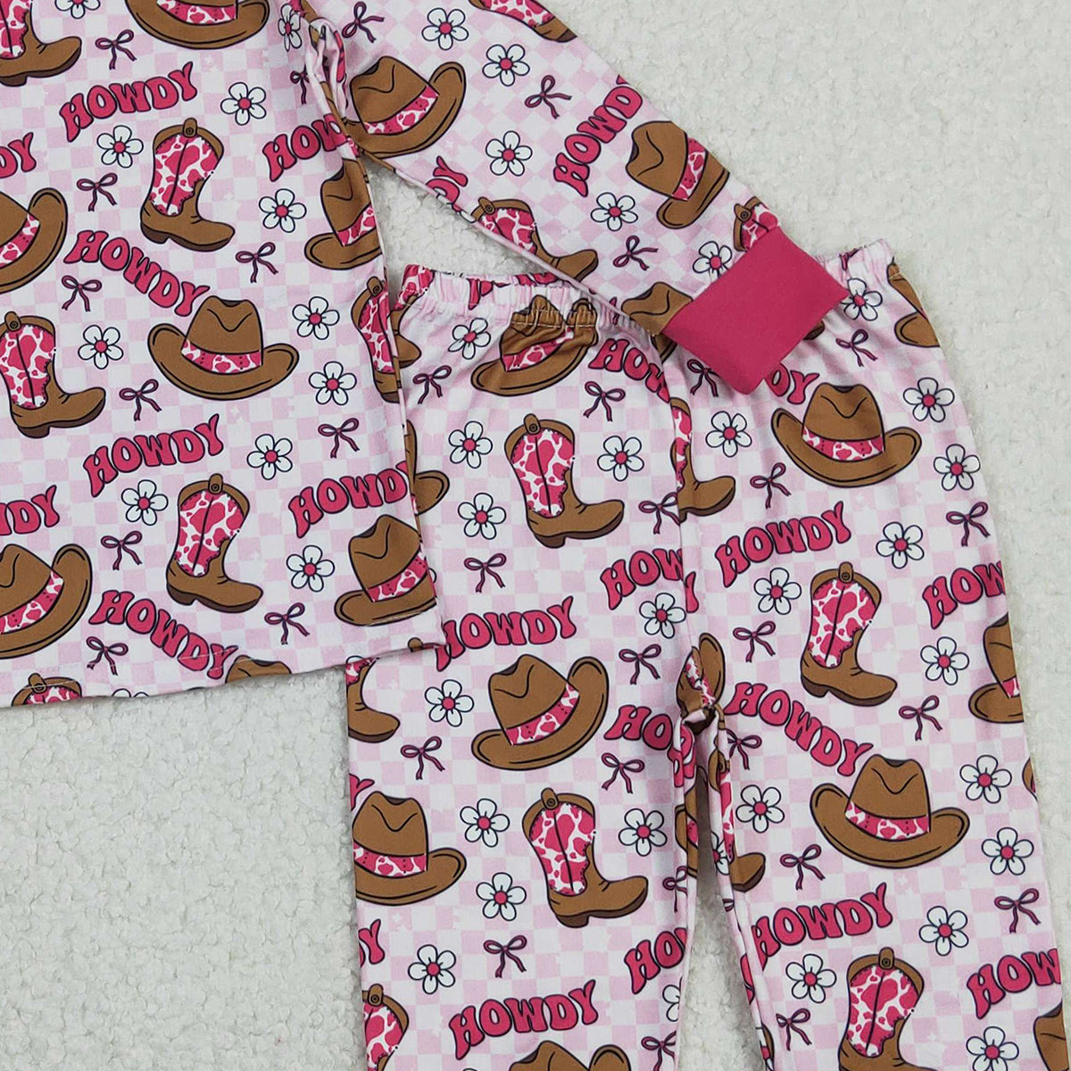 11.3 RTS NO MOQ （In stock）GLP2664 Baby Girls Pink Checked Flowers Howdy Top Pant Western Pajamas Sets
