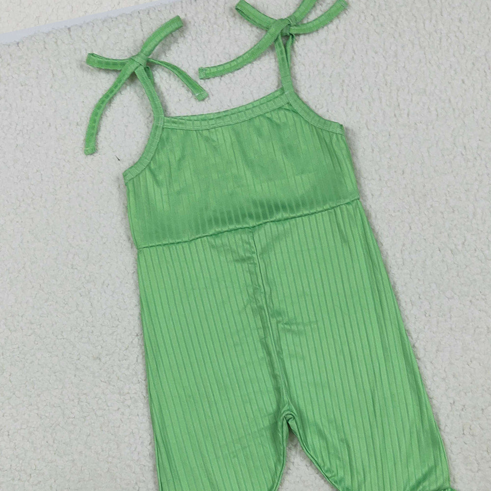 RTS NO MOQ （In stock）SR3160 Baby Girls Summer Jumpsuits Baby Girls Green Strap Bell Bottom Ribbed Jumpsuits