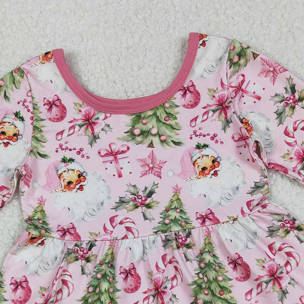 9.30 RTS NO MOQ （In stock）GLD1252 Baby Girls Winter Dress Baby Girls Santa Candy Cane Christmas Trees Ruffle Knee Length Dresses