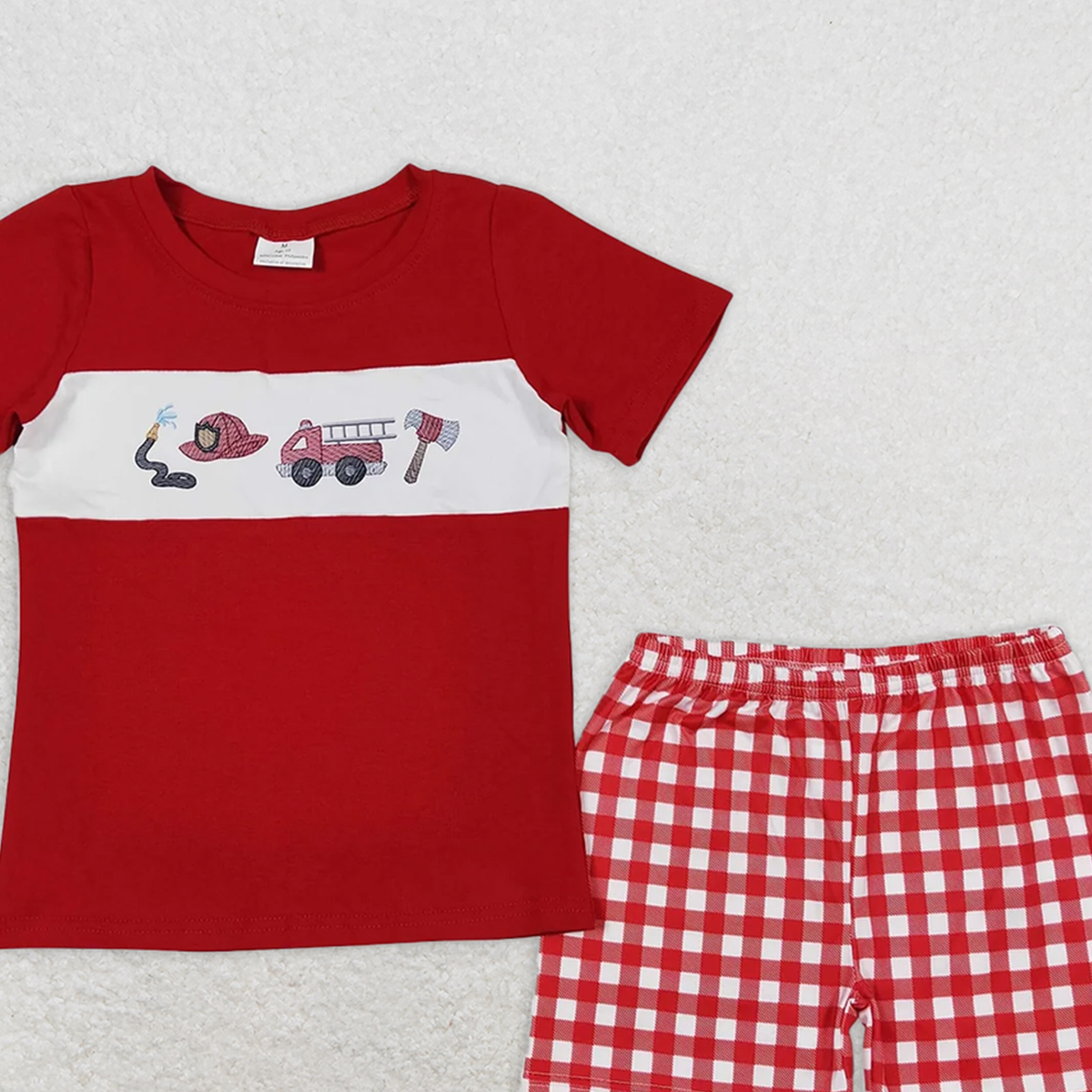 BSSO0666 RTS NO MOQ Baby Boys Summer Boys Outfits Baby Boys Fire Truck Red Shirt Shorts Outfits Clothes Sets