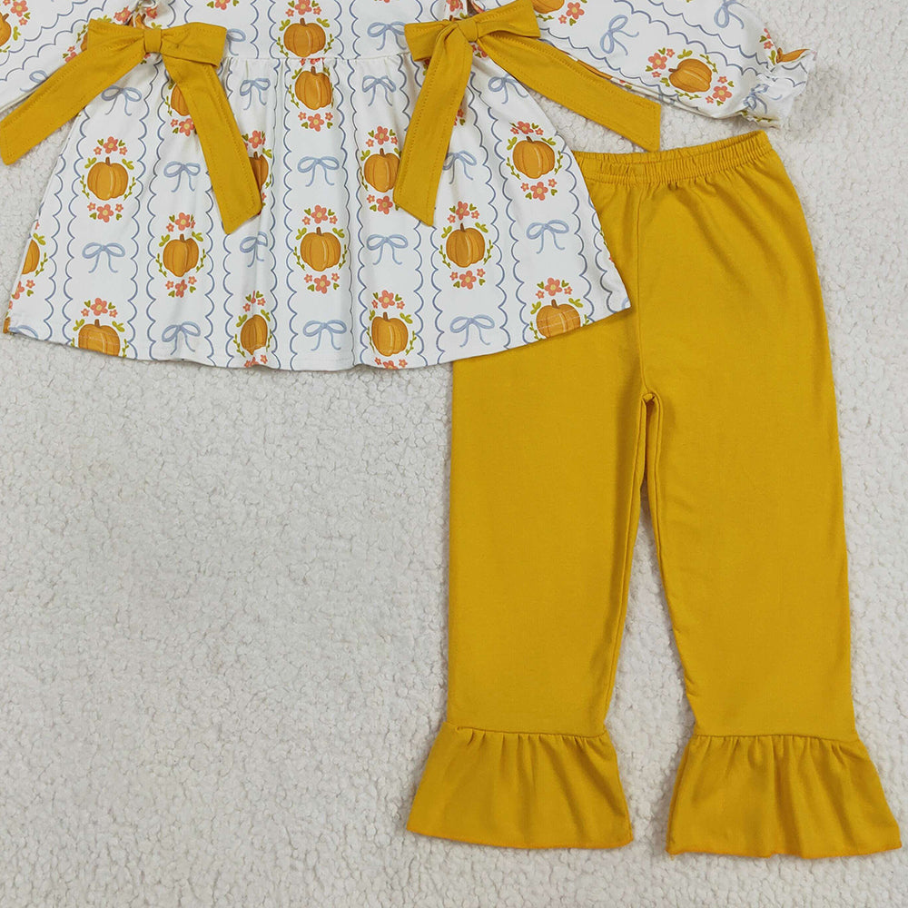 8.23 RTS NO MOQ （In stock）GLP2554 Baby Girls Winter Outfits Baby Girls Yellow Pumpkins Bows Plaid Tunic Ruffle Pant Fall Set