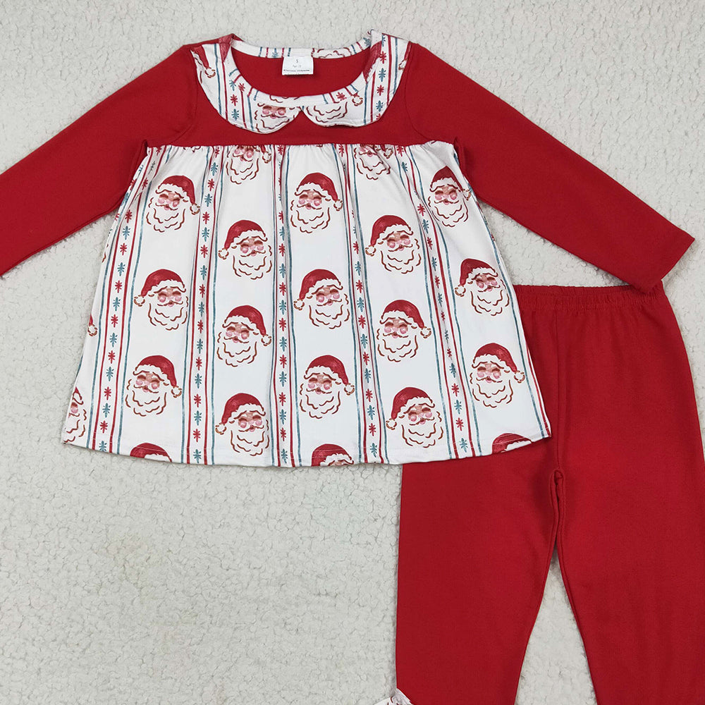 RTS NO MOQ （In stock）GLP2500 Baby Girls Winter Outfits Baby Girls Red Christmas Santa Stripes Tunic Ruffle Legging Pants Sets