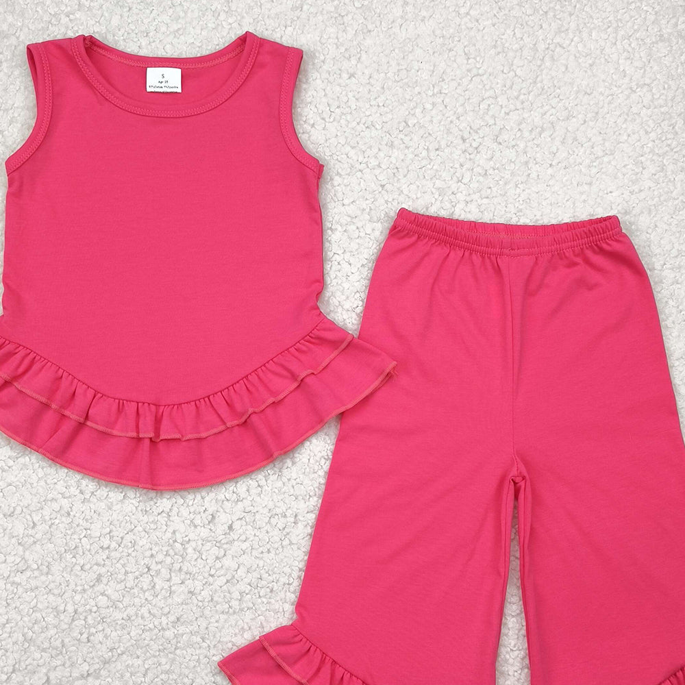 GSPO2009RTS NO MOQ Baby Girls Spring Outfits Kids Girls Hot Pink Sleeveless Ruffle Top Pants Set - Elegant Casual Outfit for Young Fashionistas
