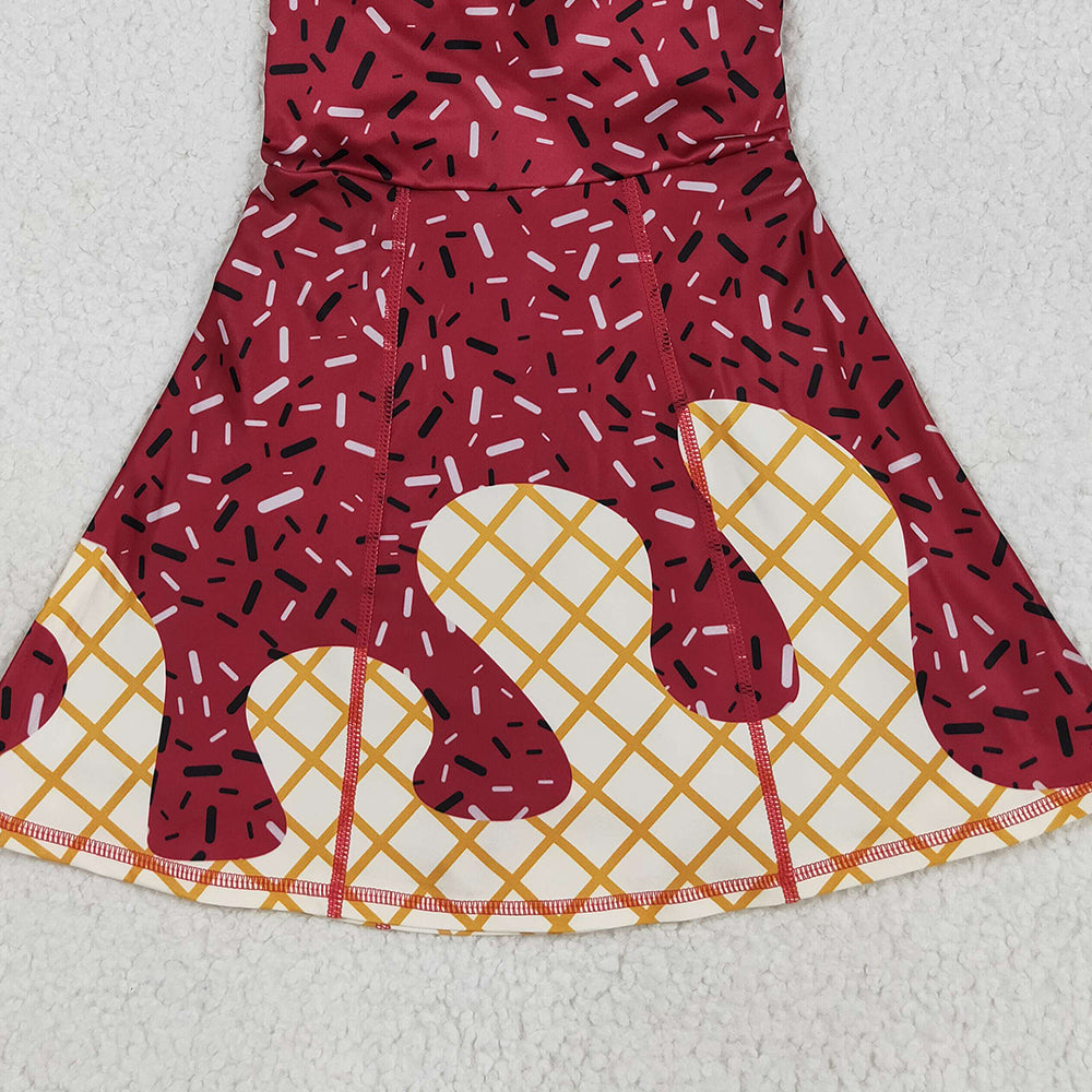 RTS NO MOQ （In stock）GSD2749 Baby Girls Summer Yoga Dress Baby Girls Dark Red Drip Sleeveless Shorts Team Yoga Active Knee Length Dresses