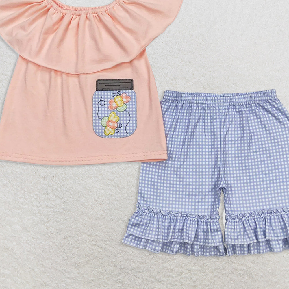GSSO0682RTS NO MOQ Baby Girls Summer Outfits  Embroidered bee pink and orange lace top and blue plaid shorts set