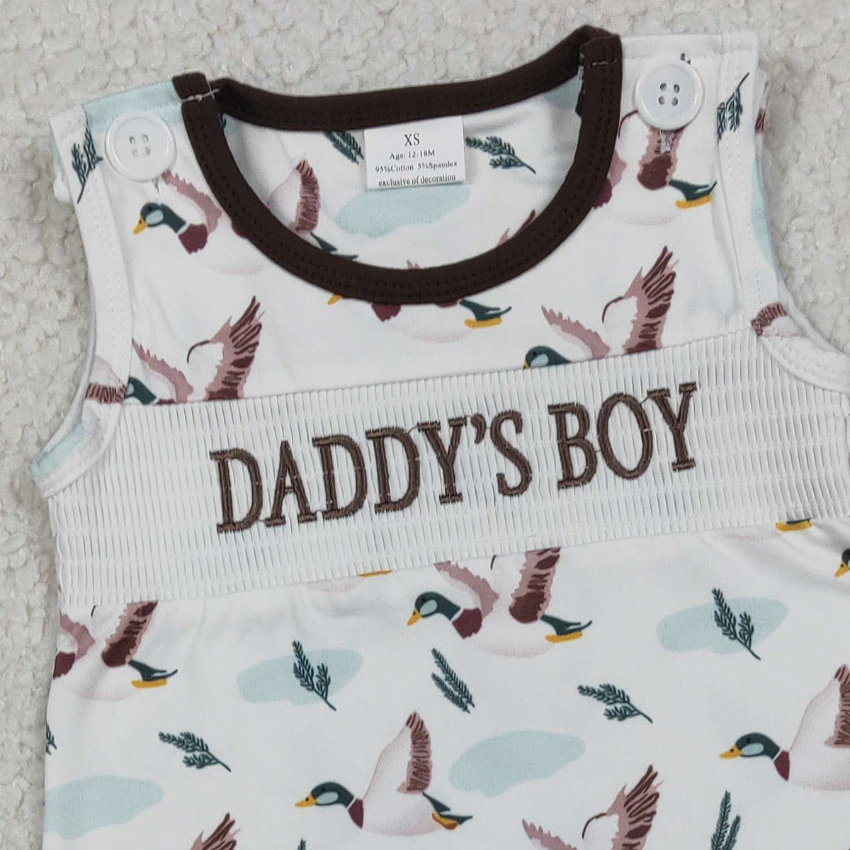12.18 RTS NO MOQ （In stock）SR3347 Baby Boys Rompers Smocked Daddy's Boy Baby Sleeveless Ducks Hunting Short Rompers