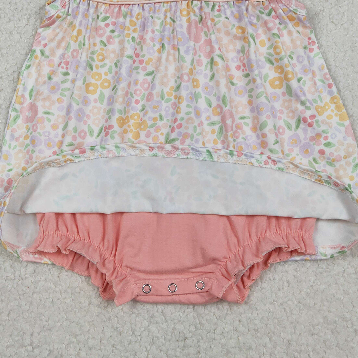 1.12 RTS NO MOQ （In stock）SR3628 Baby Girls Peach Floral Collar Tunic Bummies Ruffle Rompers