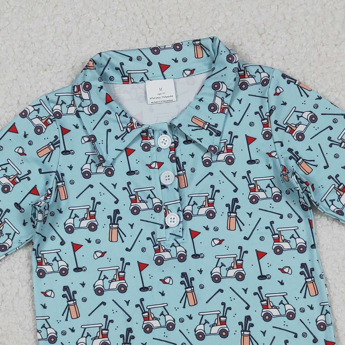 10.28 RTS NO MOQ （In stock）BT1404 Baby Boys Blue Long Sleeve Golf Trucks Button Polo Shirts Top