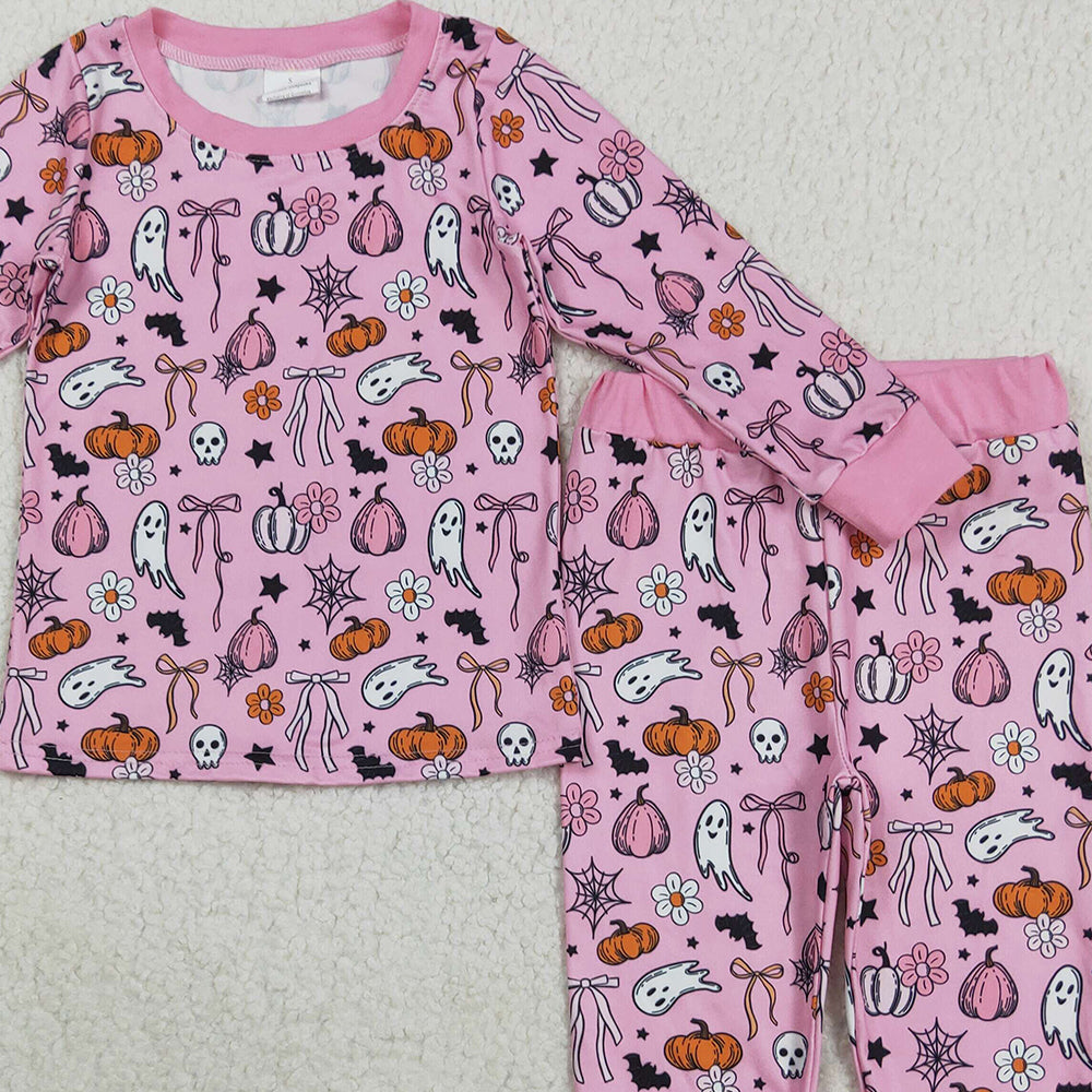 8.22 RTS NO MOQ （In stock）GLP2567 Baby Girls Winter Outfits Baby Girls Halloween Pink Ghost Pumpkins Top Pant Pajamas Sets