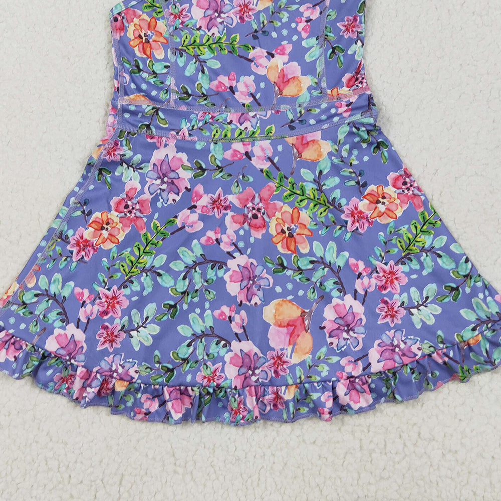 6.03 GSD2279 RTS NO MOQ Baby Girls Summer Yoga Dress  Baby Girls Purple Strap Floral Yoga Ruffle Knee Length Dresses
