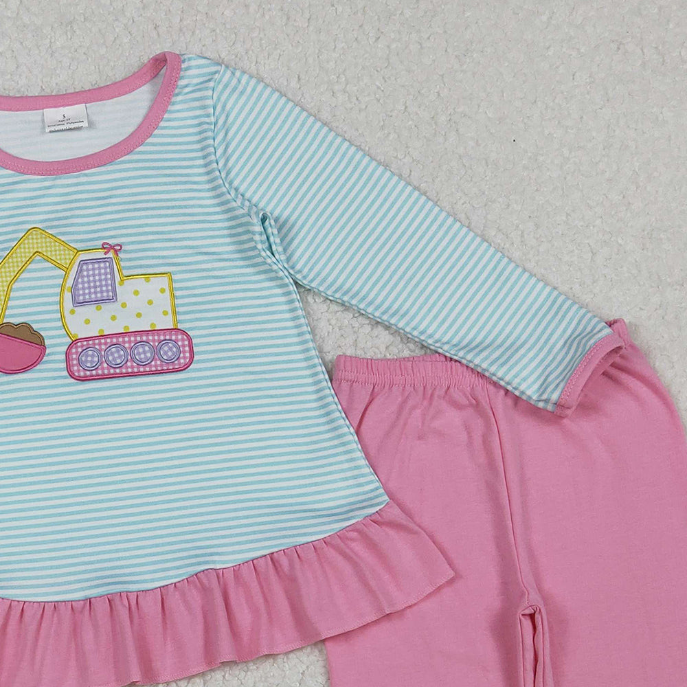 RTS NO MOQ （In stock）GLP2466 Baby Girls Winter Outfits Blue Stripe Long Sleeves Excavator Tunic Pink Legging Pant Set