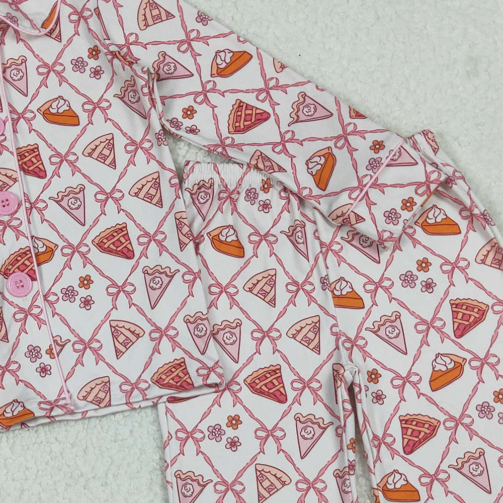 RTS NO MOQ （In stock）GLP2738 Baby Girls Winter Outfits Bows Flowers Pie Checked Button Top Pant Thanksgiving Pajamas Set