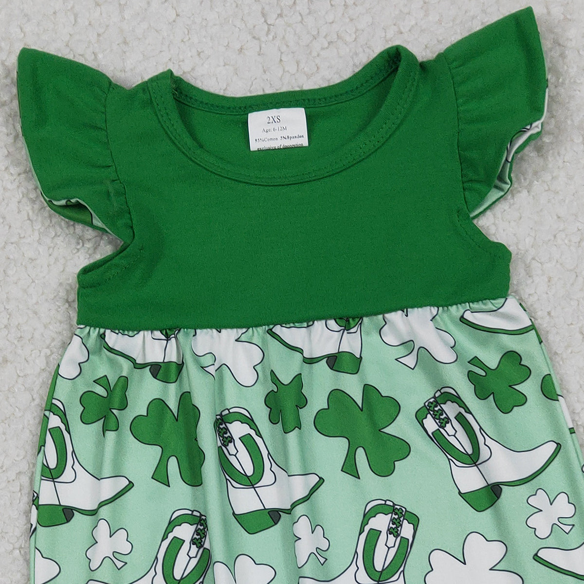 1.9 RTS NO MOQ （In stock）SR3783 Baby Girls Flutter Sleeve Clovers Boots St Patrick Rompers