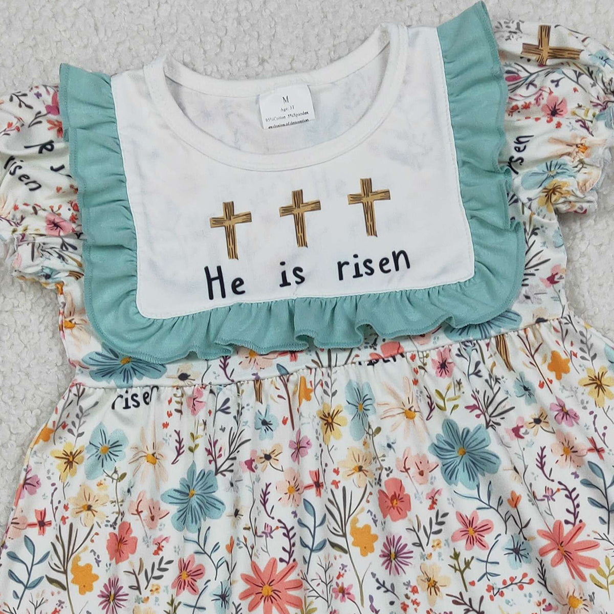 1.16 RTS NO MOQ （In stock）GSD3504 Baby Girls Crosses He is Risen Flowers Easter Knee Length Dresses