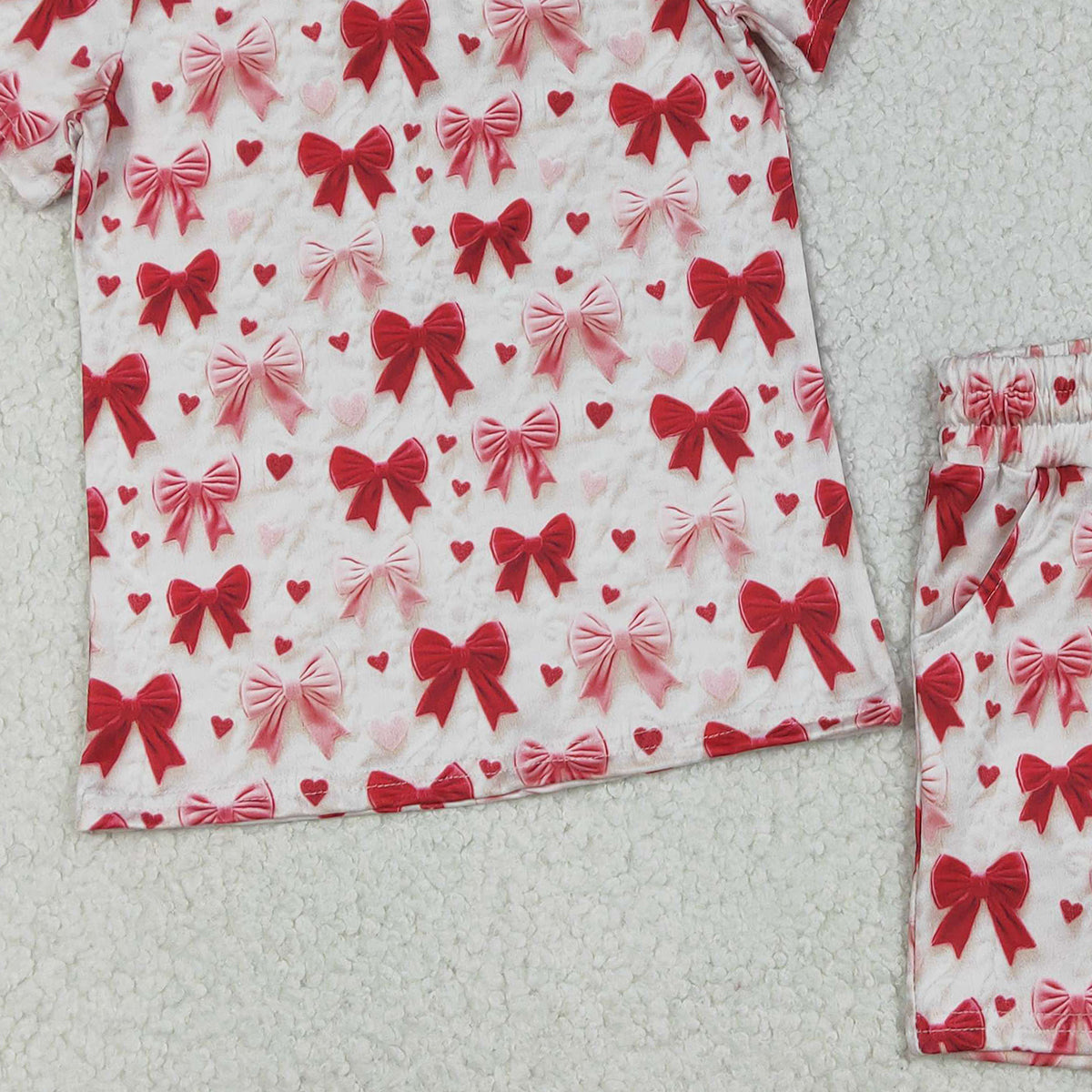 12.11 RTS NO MOQ （In stock）GSSO2835 Baby Girls Hearts Bows Top Pockets Shorts Valentines Clothes Sets