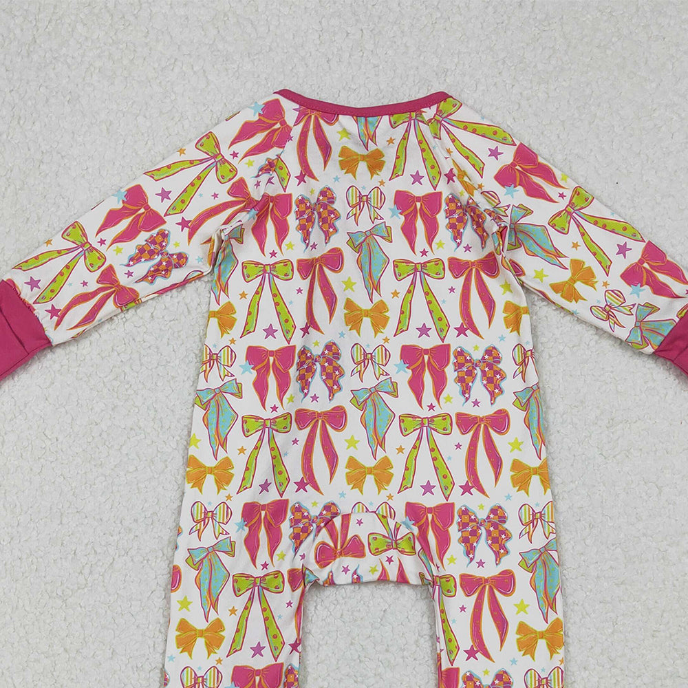RTS NO MOQ （In stock） LR2468 Baby Girls Winter Rompers Long Sleeves Colorful Bows Stars Zipper Pant Rompers