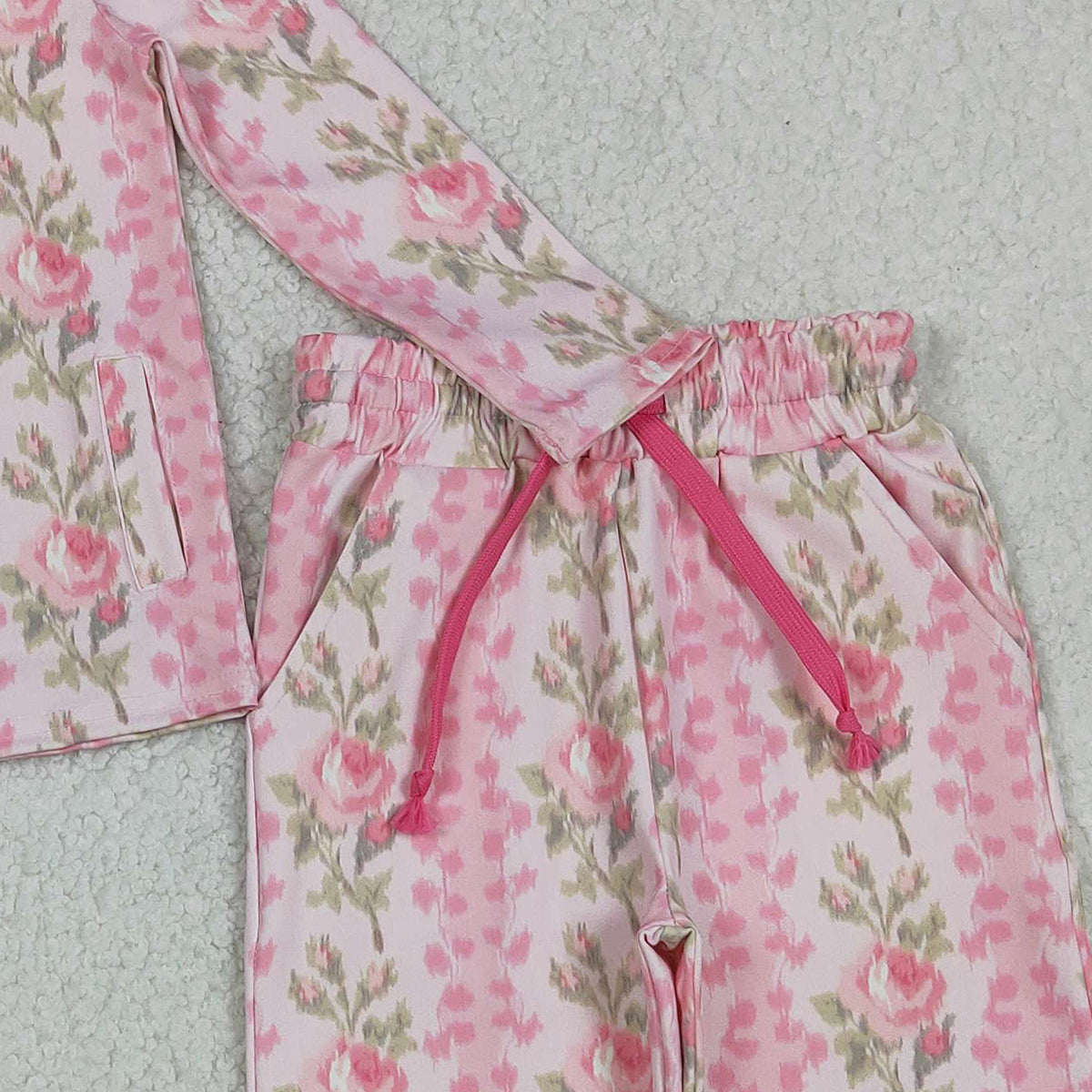 12.8 RTS NO MOQ （In stock）GLP2940 Baby Girls Pink Flowers Stripe Pockets Zipper Pullovers Jogger Yoga Active Clothes Set