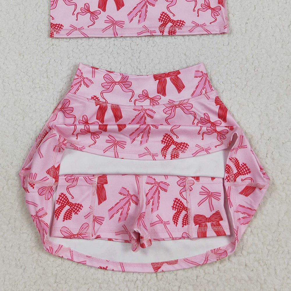 RTS NO MOQ （In stock）GSD2459 Baby Girls Yoga Outfits Baby Girls Sleeveless Pink Bows Top Skorts Yoga Sets