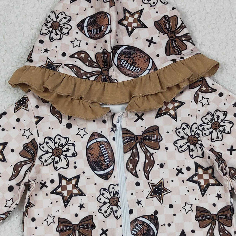 9.27 RTS NO MOQ （In stock）GT1152 Baby Girls Long Sleeve Tops Baby Girls Football Flowers Checked Pocket Zipper Team Ruffle Hoodies Top