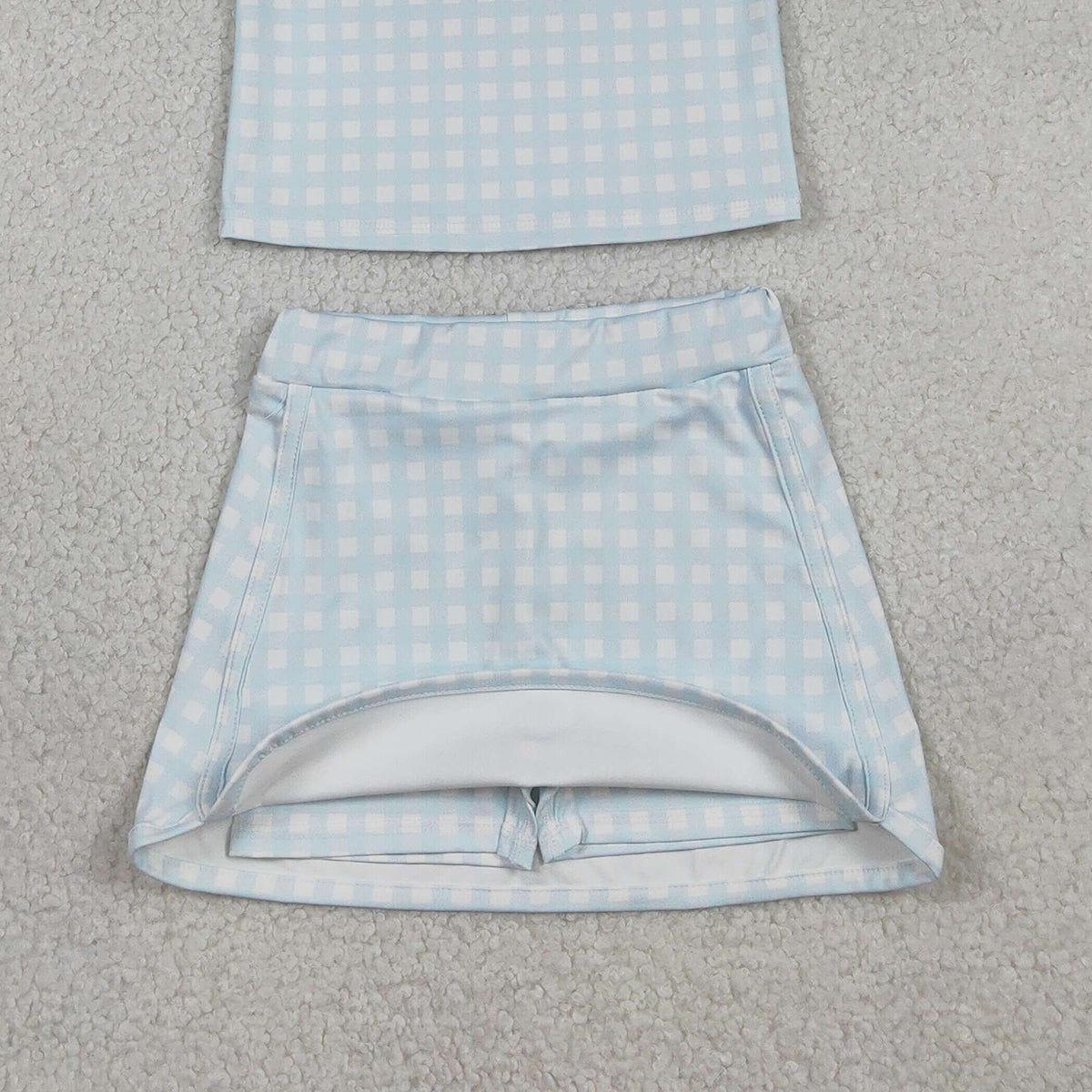 1.17 RTS NO MOQ （In stock）GSD3375 Baby Girls Light Blue Checked Button Collar Top Skirt Shorts Yoga Active Clothes Sets