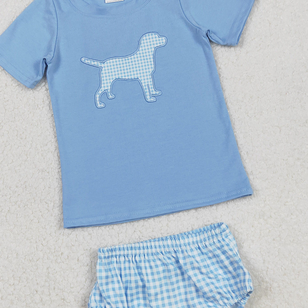 RTS NO MOQ （In stock）GBO0470 Baby Girls Summer Outfits Embroidery Dog Baby Boys Blue Shirts Top Bummies Clothes Sets