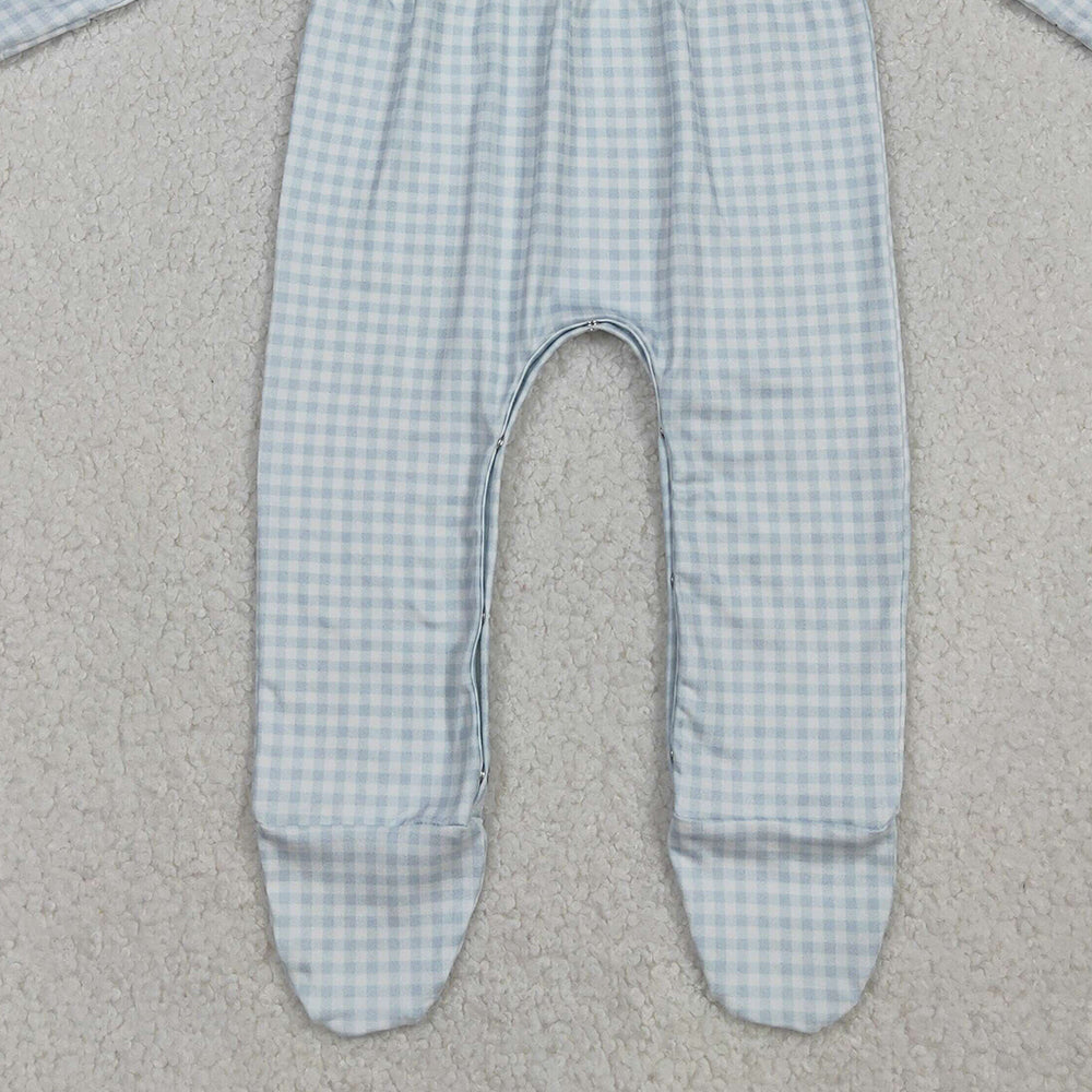 RTS NO MOQ （In stock）LR2560Baby Girls Winter Rompers Embroidery Pumpkins Blue Plaid Fall Footed Rompers