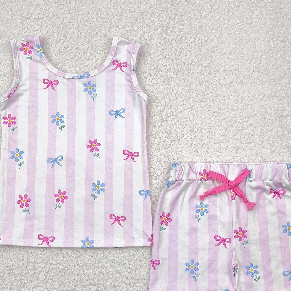 7.19 GSSO2476 RTS NO MOQ Baby Girls Summer Outfits baby girl clothes floral bow sleeveless shorts set