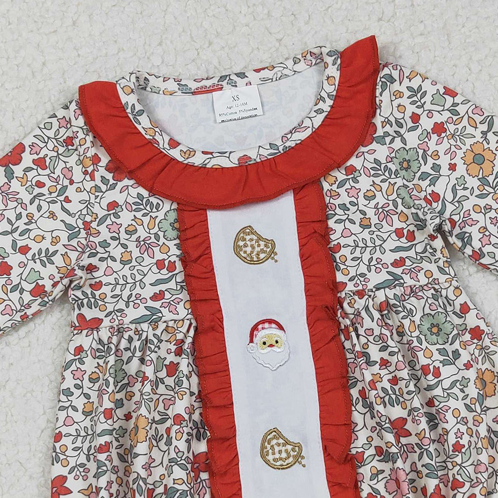 RTS NO MOQ （In stock）LR2232 Baby Girls Winter Rompers Floral Santa Cookie Baby Girls Christmas Romper Holiday Outfit for Infants