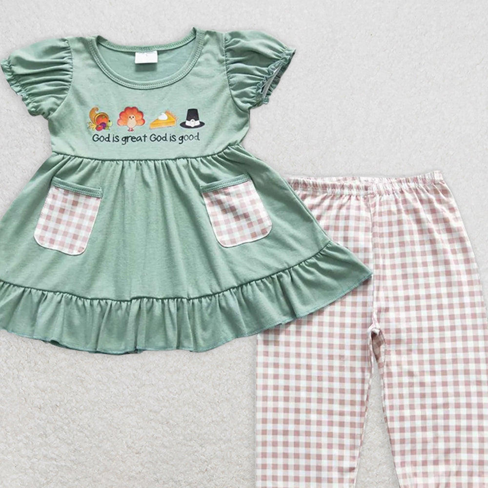 GSPO0827 RTS NO MOQ Baby Girls Spring Outfits god is great offset turkey pocket green short sleeve plaid trousers suit
