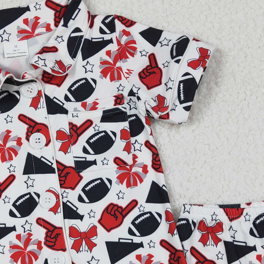 RTS NO MOQ （In stock）GSSO2674  Baby Girls Winter Outfits Team Black Stars Football Button Top Shorts Pajamas Sets
