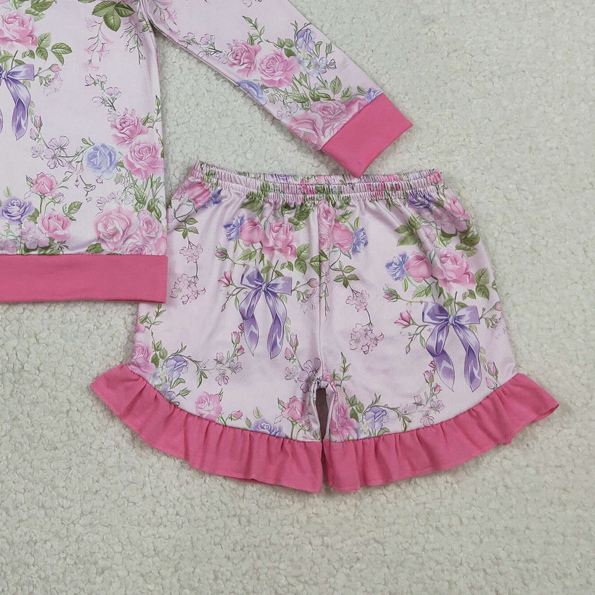 1.20 RTS NO MOQ （In stock）GLS0082 Baby Girls Pink Flowers Collar Top Ruffle Shorts Clothes Sets
