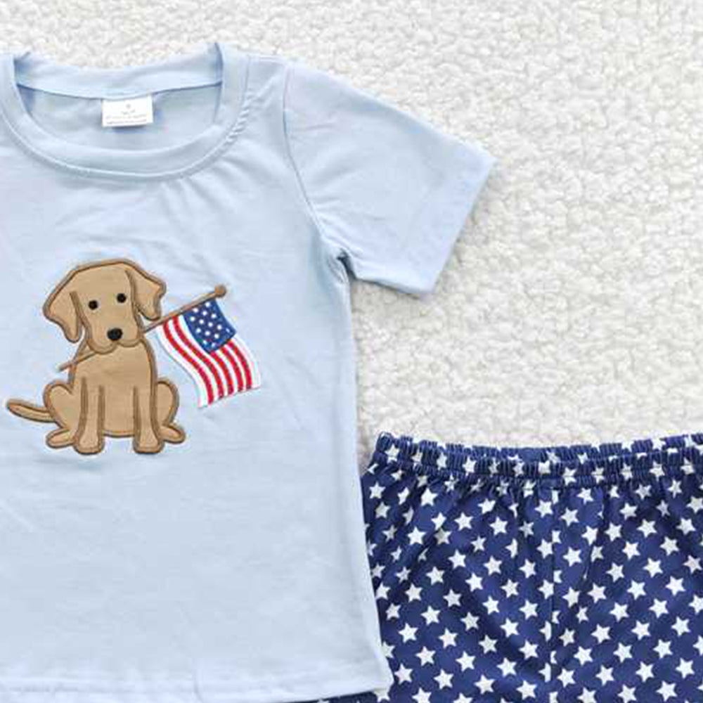 BSSO0227Boy's 4th of July Outfit Dog Flag Embroidery Shirt with Stars Shorts Patriotic US Independence Day Children's Clothing