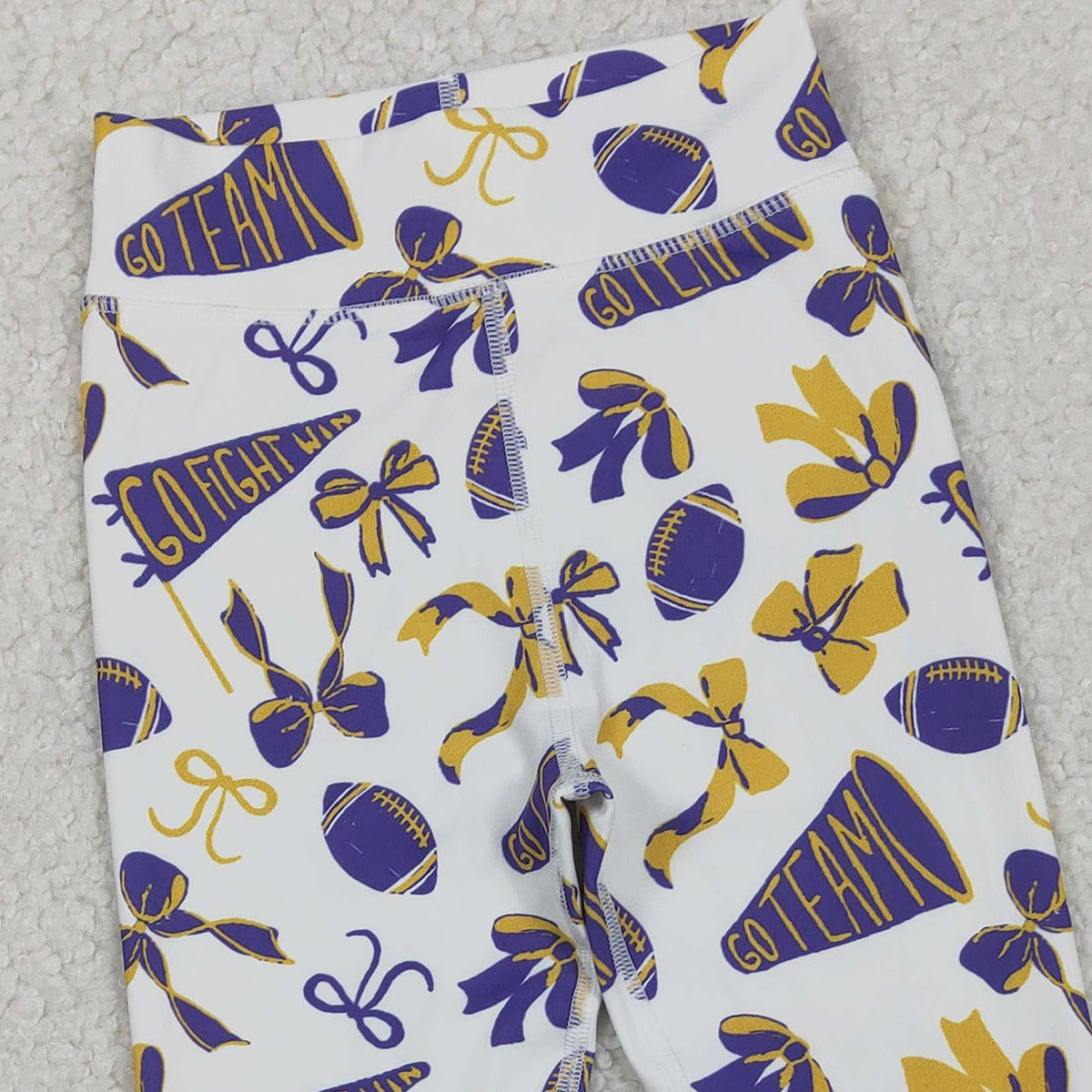 11.5 RTS NO MOQ （In stock）P0848 Baby Girls Purple Yellow Go Team Footballs Bows Yoga Legging Pants