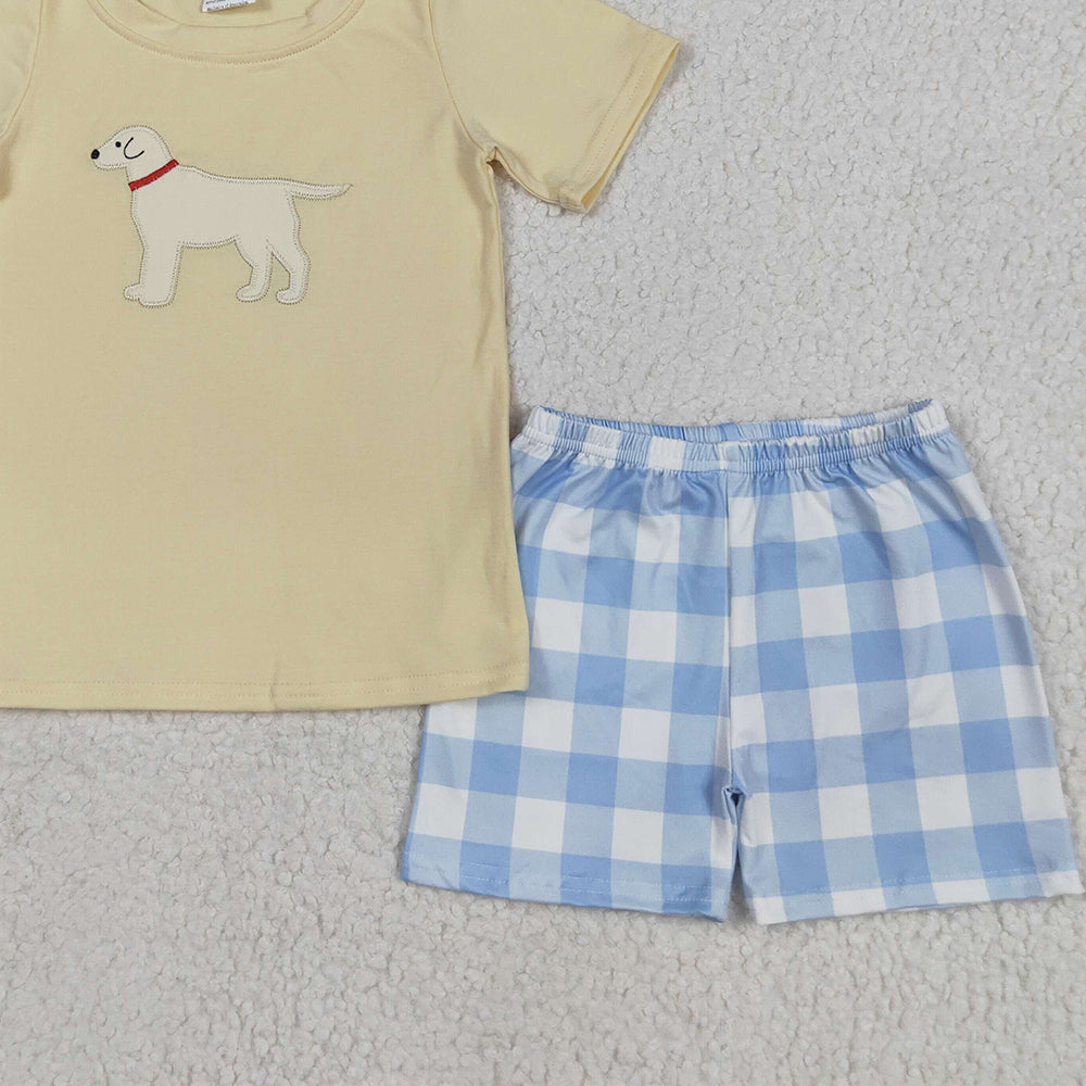 BSSO1058RTS NO MOQ Baby Boys Summer Boys Outfits Baby Boys Yellow Dog Top Checkered Shorts Clothes Sets Preorder