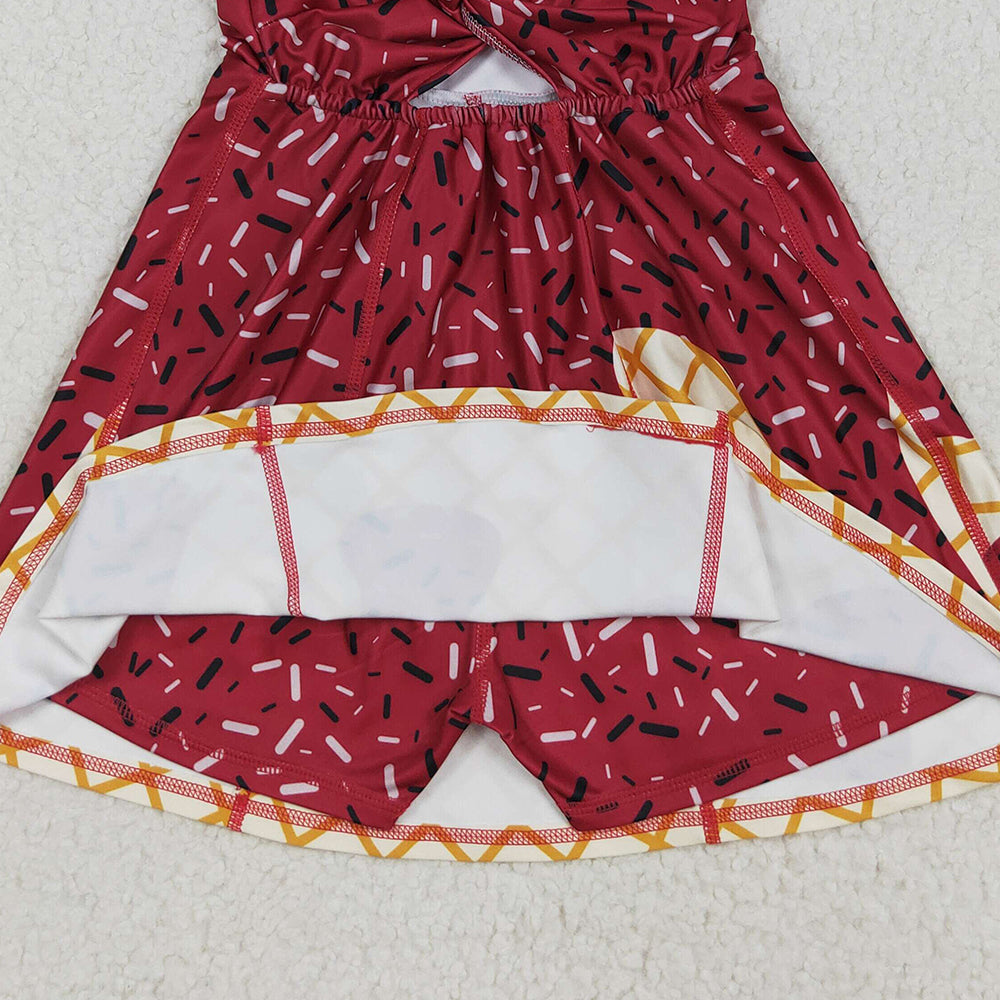 RTS NO MOQ （In stock）GSD2749 Baby Girls Summer Yoga Dress Baby Girls Dark Red Drip Sleeveless Shorts Team Yoga Active Knee Length Dresses