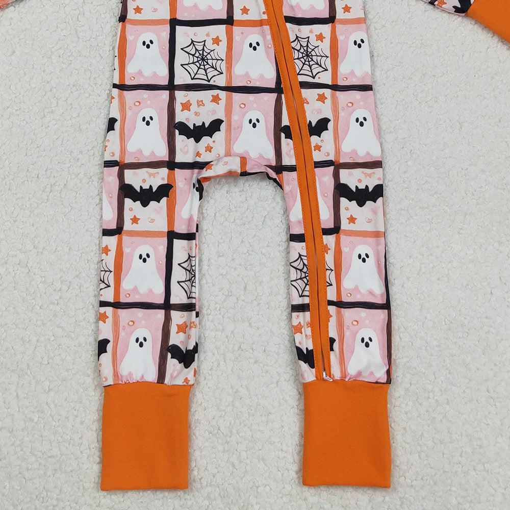 RTS NO MOQ （In stock）LR2539 Baby Boys Winter Rompers Ghosts Bats Halloween Zippered Footie Rompers for Infants Comfortable Spooky Costume Onesie