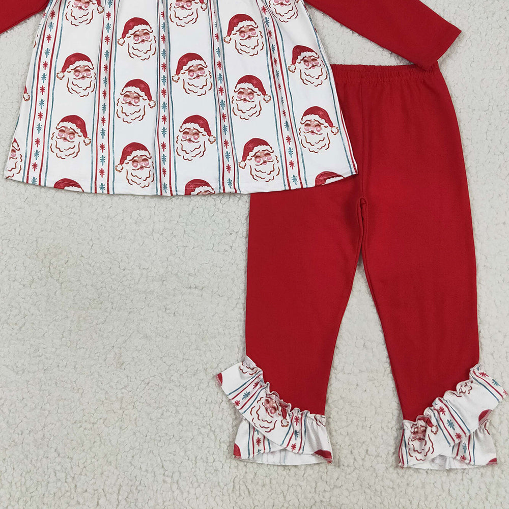 RTS NO MOQ （In stock）GLP2500 Baby Girls Winter Outfits Baby Girls Red Christmas Santa Stripes Tunic Ruffle Legging Pants Sets
