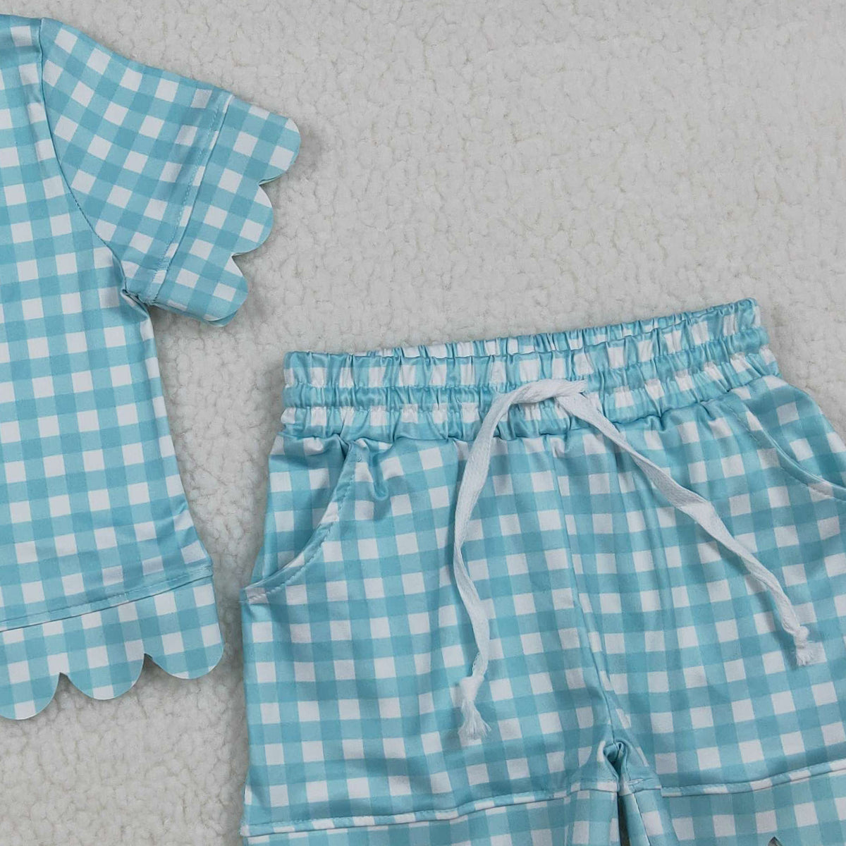 3.25 RTS NO MOQ （In stock）GSSO3190 Kids Clothing for Baby Girls Short Sleeve Blue Checked Shirts Top Scallop Shorts Clothes Sets