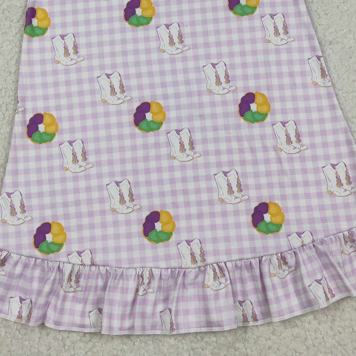 12.10 RTS NO MOQ （In stock）GSD2900 Baby Girls Mardigras Boots Donuts Checked Ruffle Knee Length Dresses