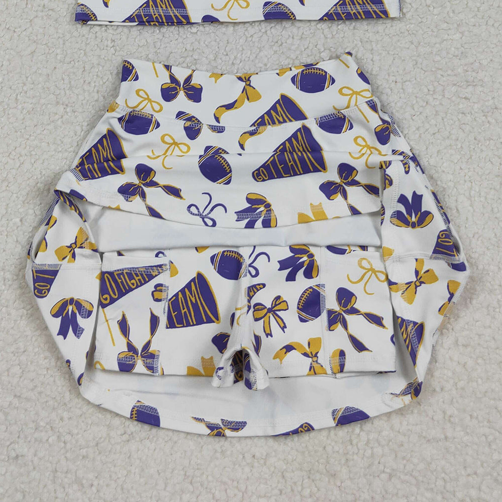 RTS NO MOQ （In stock）GSD2690 Baby Girls Yoga Sets Baby Girls Purple Footballs Bows Plaid Vest Top Skorts Team Yoga Active Set