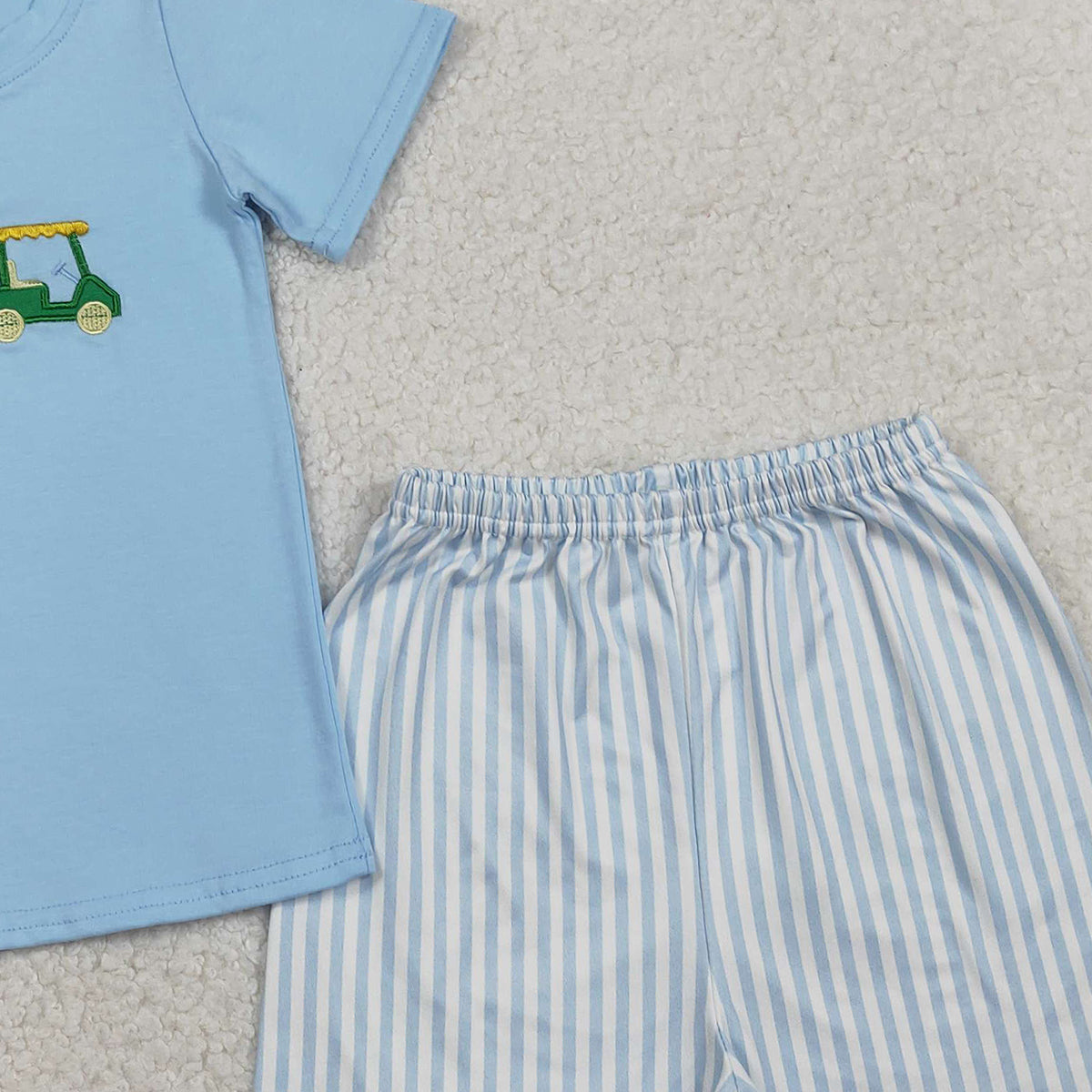 1.27 RTS NO MOQ （In stock）BSSO1696 Embroidery Golf Trucks Baby Boys Shirts Top Stripe Shorts Clothes Sets