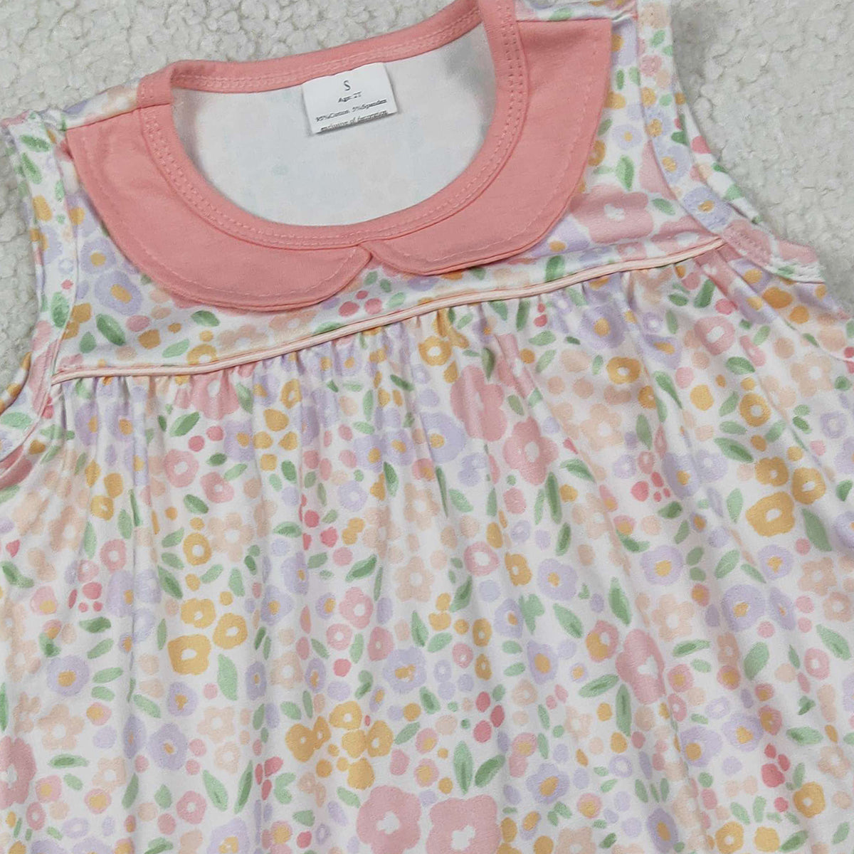 1.12 RTS NO MOQ （In stock）SR3628 Baby Girls Peach Floral Collar Tunic Bummies Ruffle Rompers