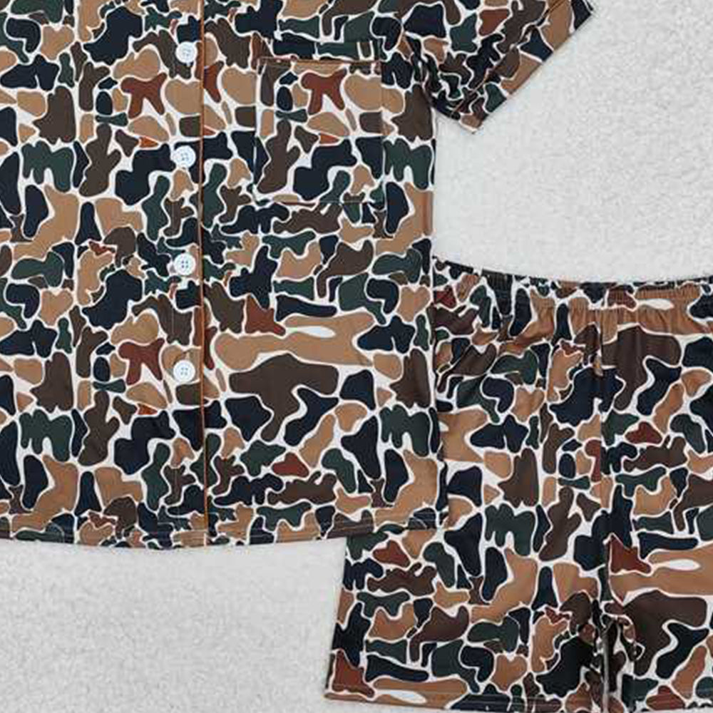 GSSO1538 Women's Dark Camouflage Summer Pajamas Button-Down Long Sleeve Sleepwear Adult Comfortable Soft Cotton Camo Print Nightgown