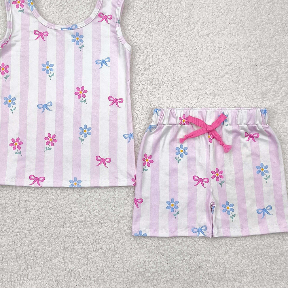 7.19 GSSO2476 RTS NO MOQ Baby Girls Summer Outfits baby girl clothes floral bow sleeveless shorts set