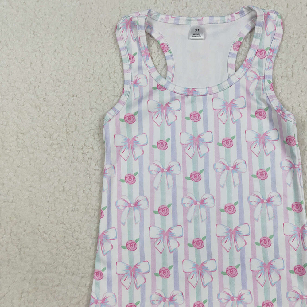 RTS NO MOQ （In stock）GT1014 Baby Girls Summer Yoga Tops Baby Girls Sleeveless Lavender Bows Flowers Stripe Yoga Shirts Tops