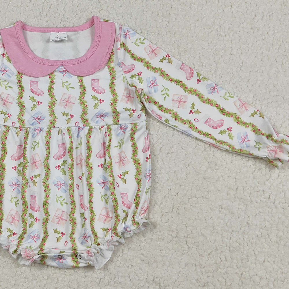 RTS NO MOQ （In stock）LR2324 Baby Girls Winter Rompers Baby Girls Christmas Gifts Floral Stripe Ruffle Rompers