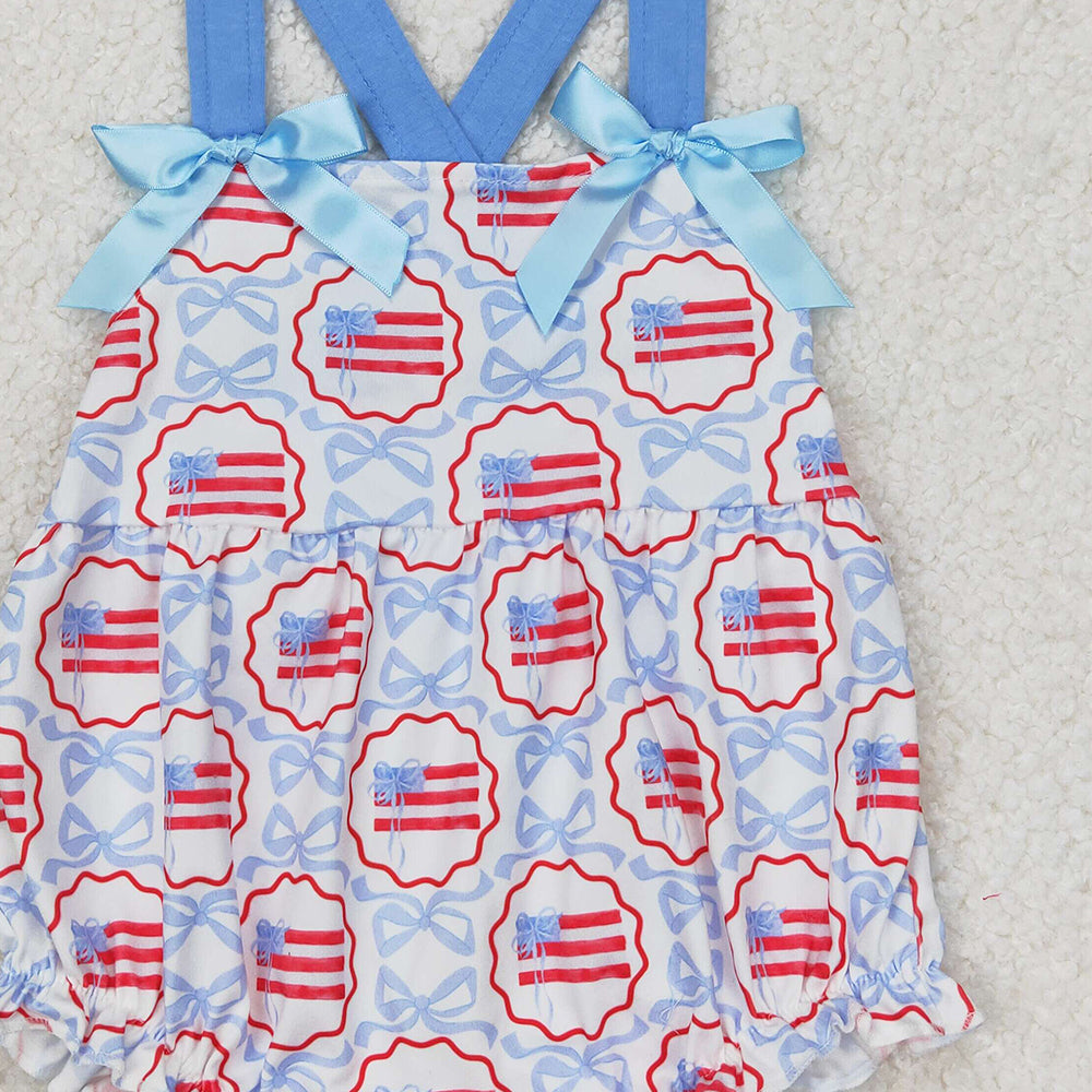 4.24 SR2691 RTS NO MOQ Blue straps bow flag baby girls 4th of july romper