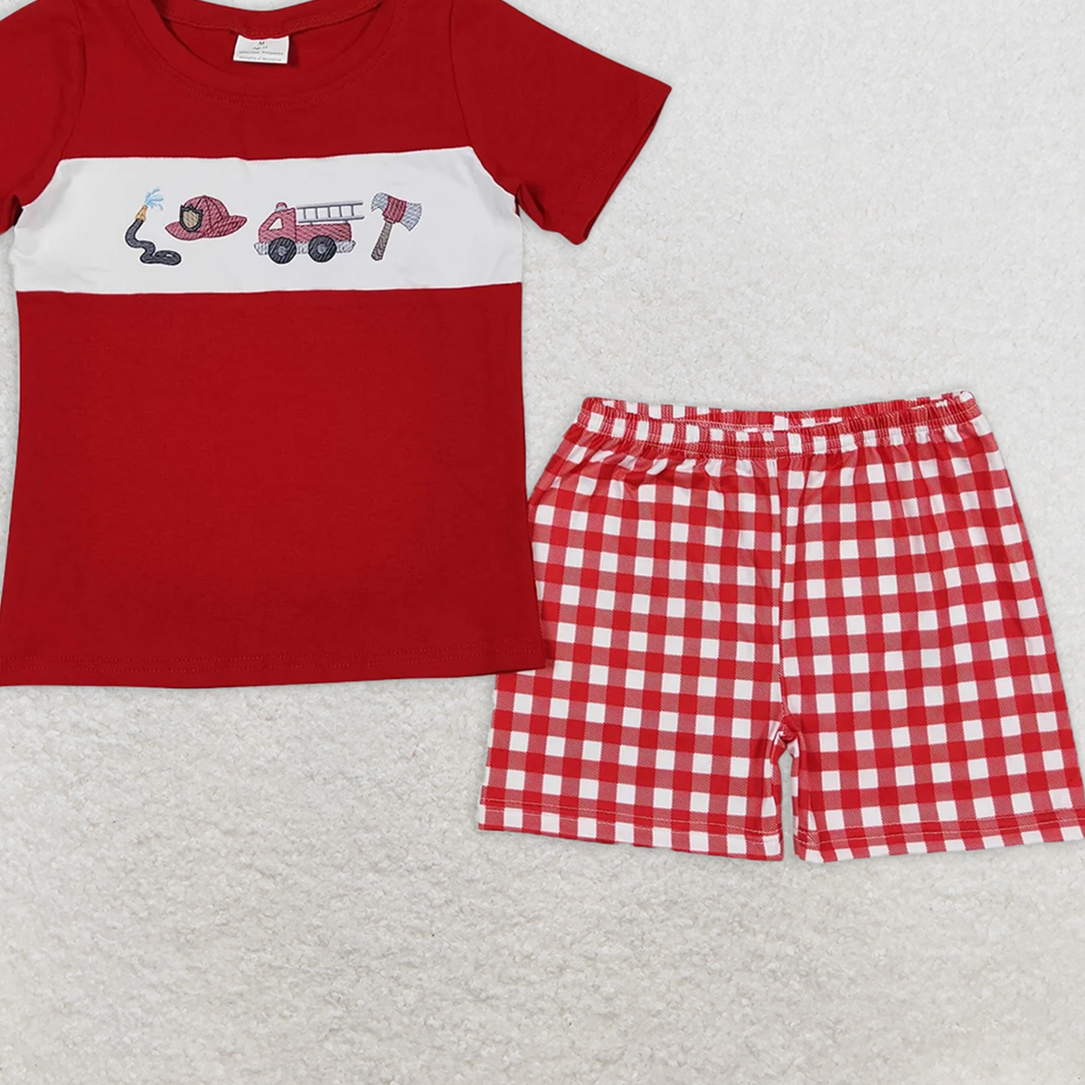 BSSO0666 RTS NO MOQ Baby Boys Summer Boys Outfits Baby Boys Fire Truck Red Shirt Shorts Outfits Clothes Sets